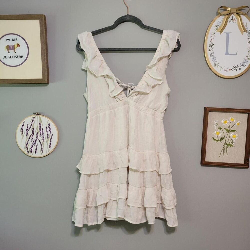 HYFVE Women's L Cream Babydoll Mini Dress Tiered Ruffle Cottage Fairy Angel Boho